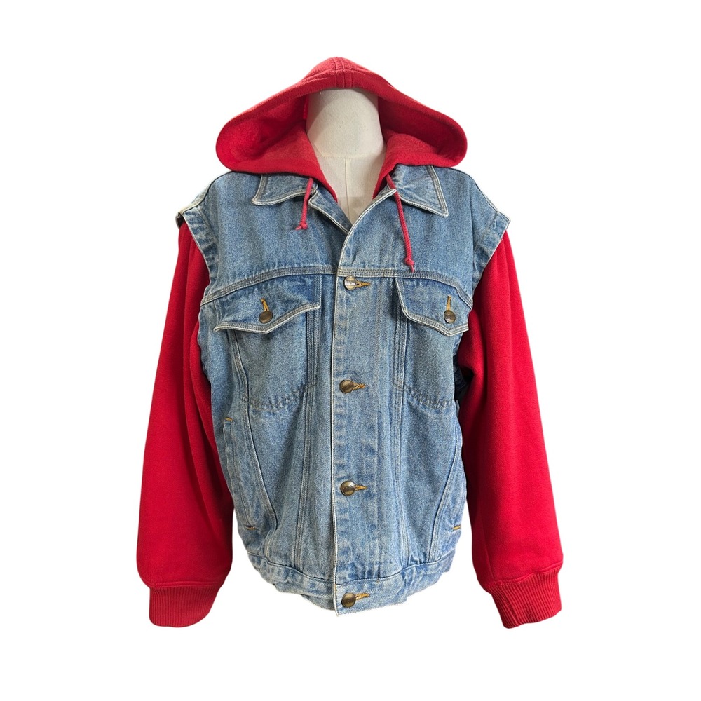 Out Brook Womens Denim Jacket Red Fleece Hooded Long Sleeve Large Light Wash